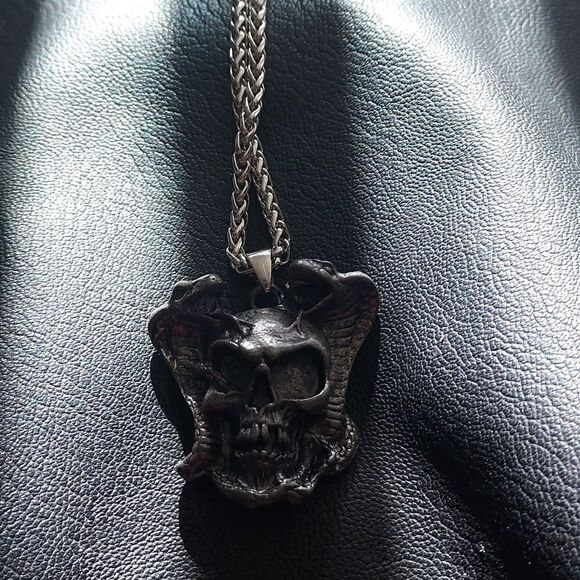 Skull Double Snake Stainless Steel Unisex Pendant Necklace - Picture 6 of 9